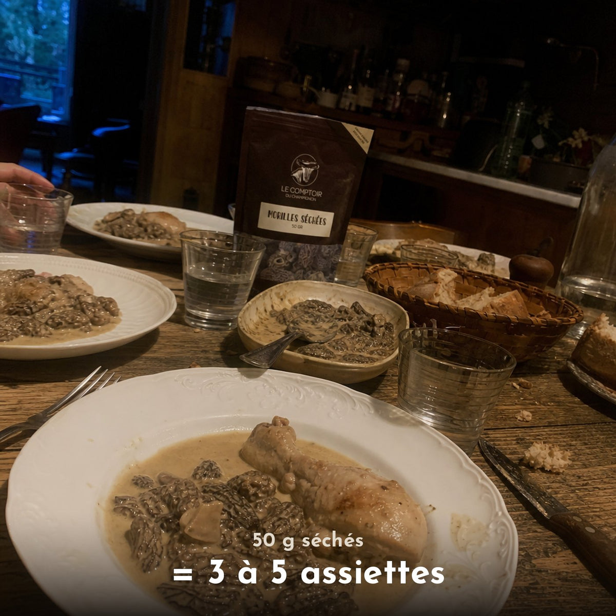 50 g de morilles séchées équivalent à 3 à 5 assiettes